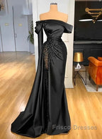 Sheath Off-The-Shoulder Long Sleeves Satin/Sequined Formal Prom Dress