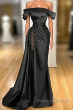 Sheath Off-The-Shoulder Long Sleeves Satin/Sequined Formal Prom Dress