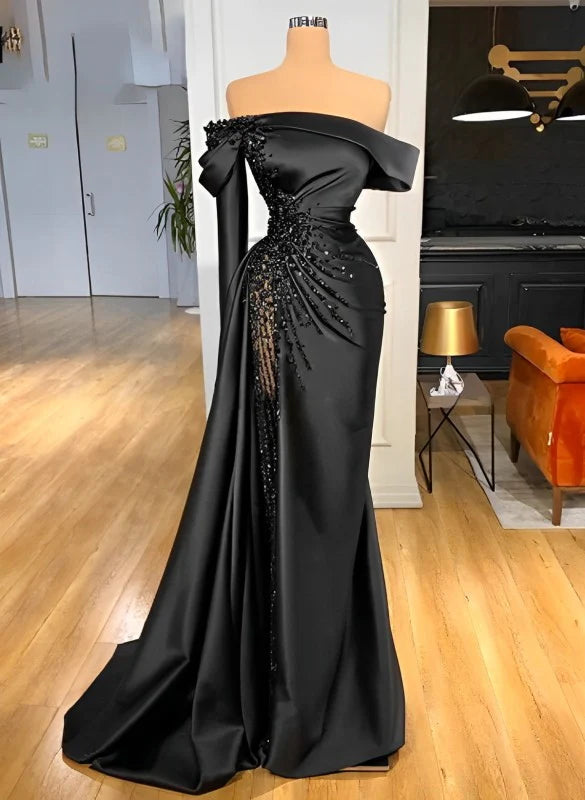 Sheath Off-The-Shoulder Long Sleeves Satin/Sequined Prom Dresses Main image