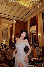Sheath Off The Shoulder Sequin Long  Prom Dresses Formal Dress