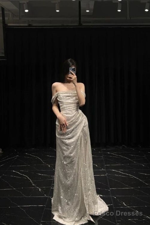 Sheath Off The Shoulder Sequin Long Prom Dresses Slit Formal Dress Main image