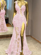 Sheath One-Shoulder Appliques Lace Floor-Length Tulle Prom Dress