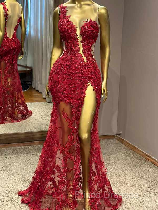 Sheath One-Shoulder Appliques Lace Floor-Length Tulle Prom Dress Main image