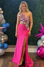 Sheath One Shoulder Cut Mirror Sequins Prom Dress