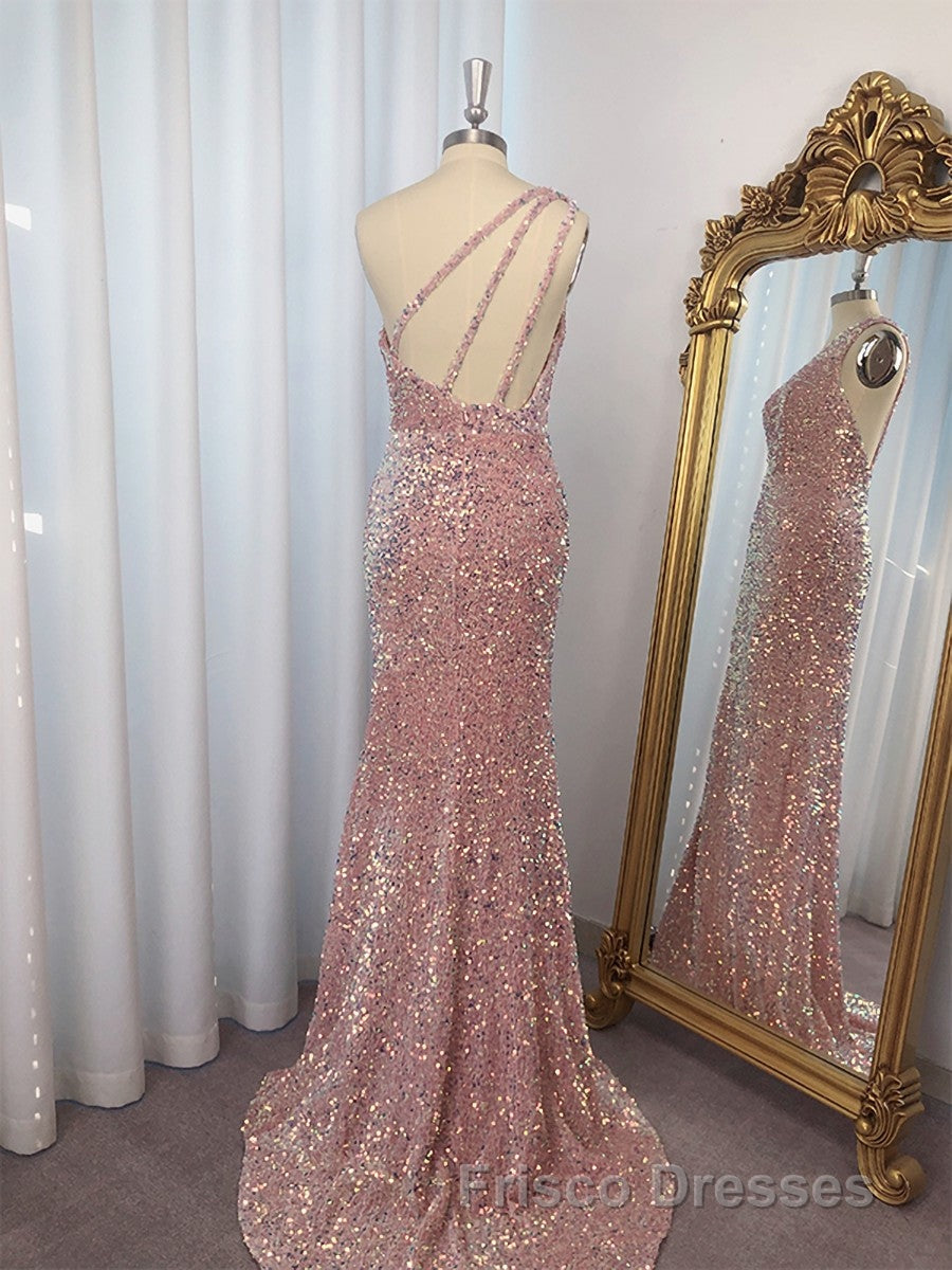 Sheath One-Shoulder Sequin Sweep Train Velvet Sequins Dress