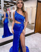 Sheath One Shoulder Sequins Prom Dress with 3D Appliques