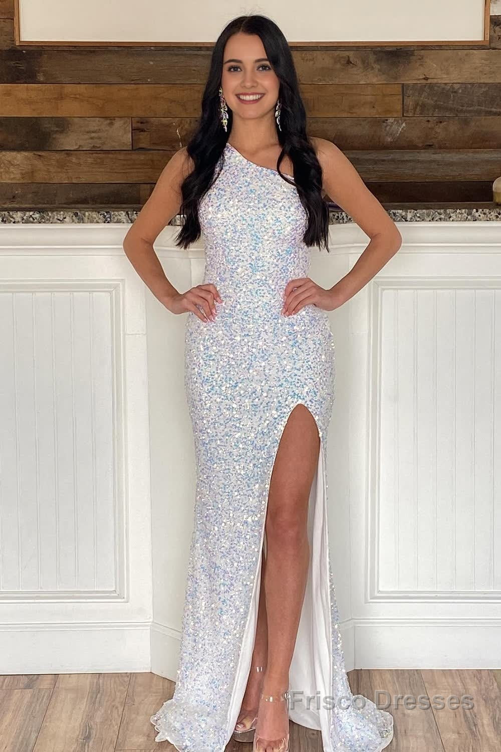 Sheath One Shoulder White Sequins Long Prom Dress with Split Front Main image