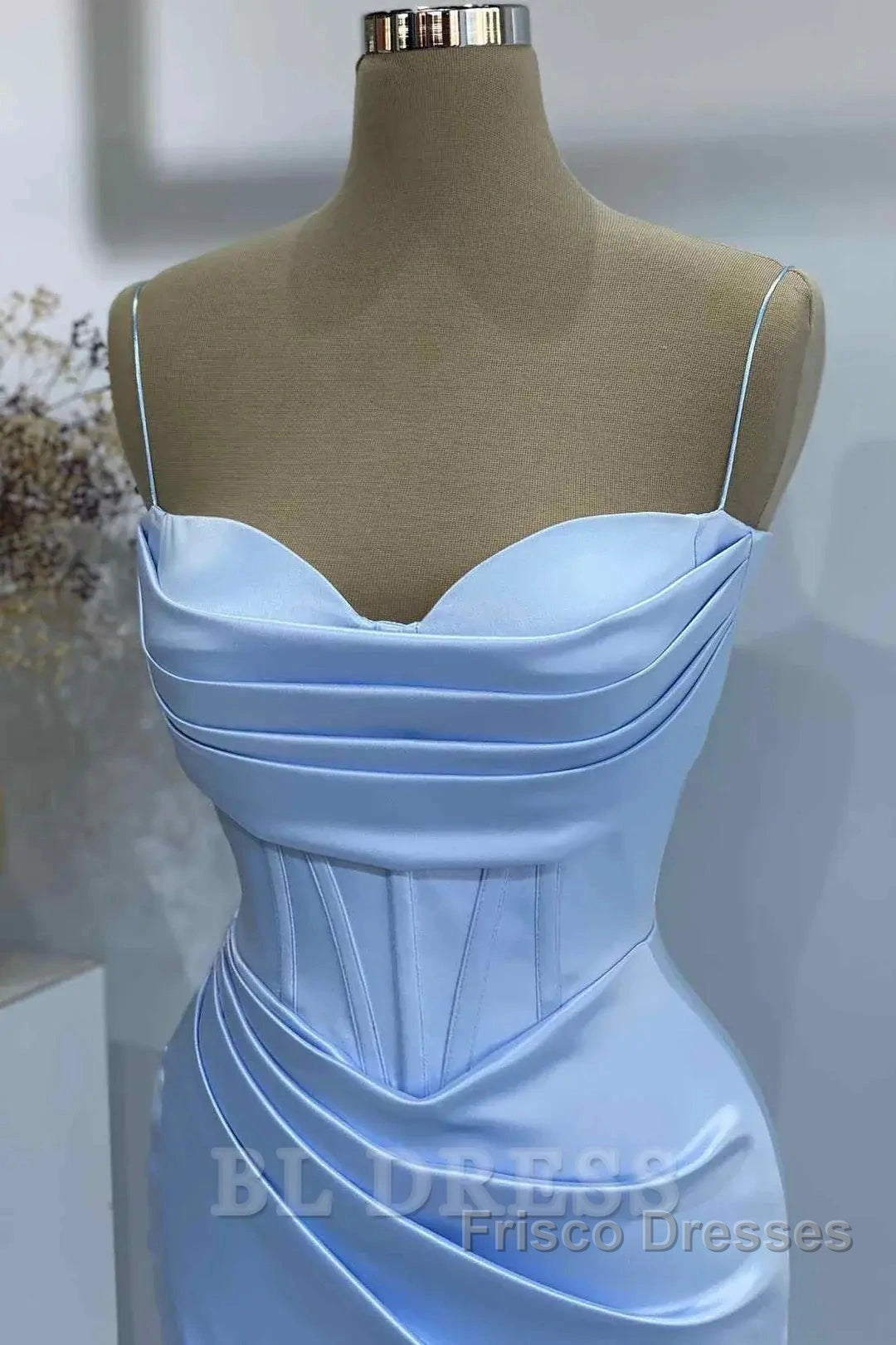 Sheath Spaghetti Straps Satin Pleated Light Blue Long Formal Dress Bridesmaid Dress Evening Gown Formal Prom Dress With Slit