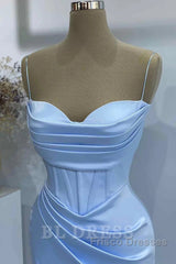 Sheath Spaghetti Straps Satin Pleated Light Blue Long Formal Dress Bridesmaid Dress Evening Gown Formal Prom Dress With Slit