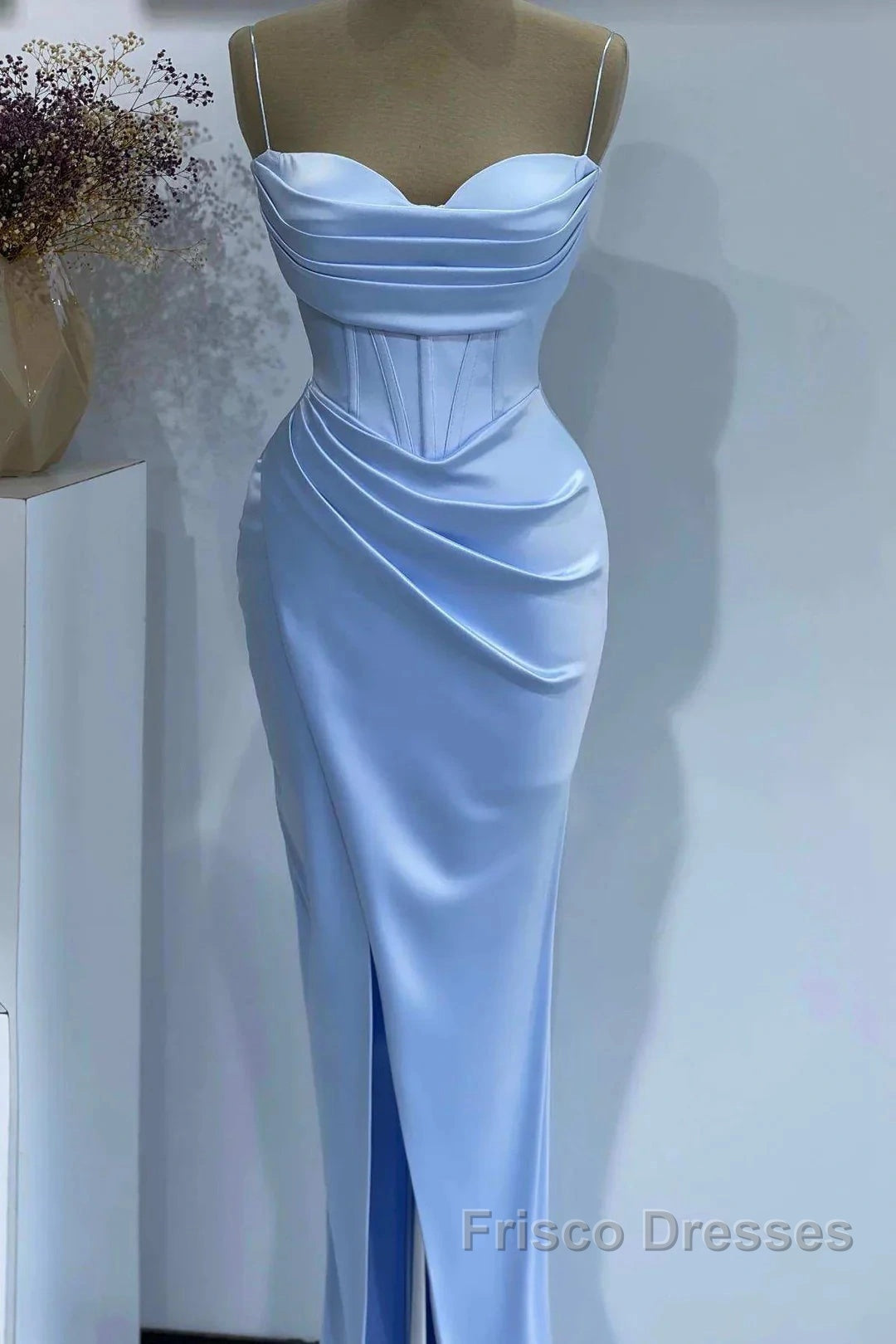 Sheath Spaghetti Straps Satin Pleated Light Blue Long Formal Dress Bridesmaid Dress Evening Gown Formal Prom Dress With Slit