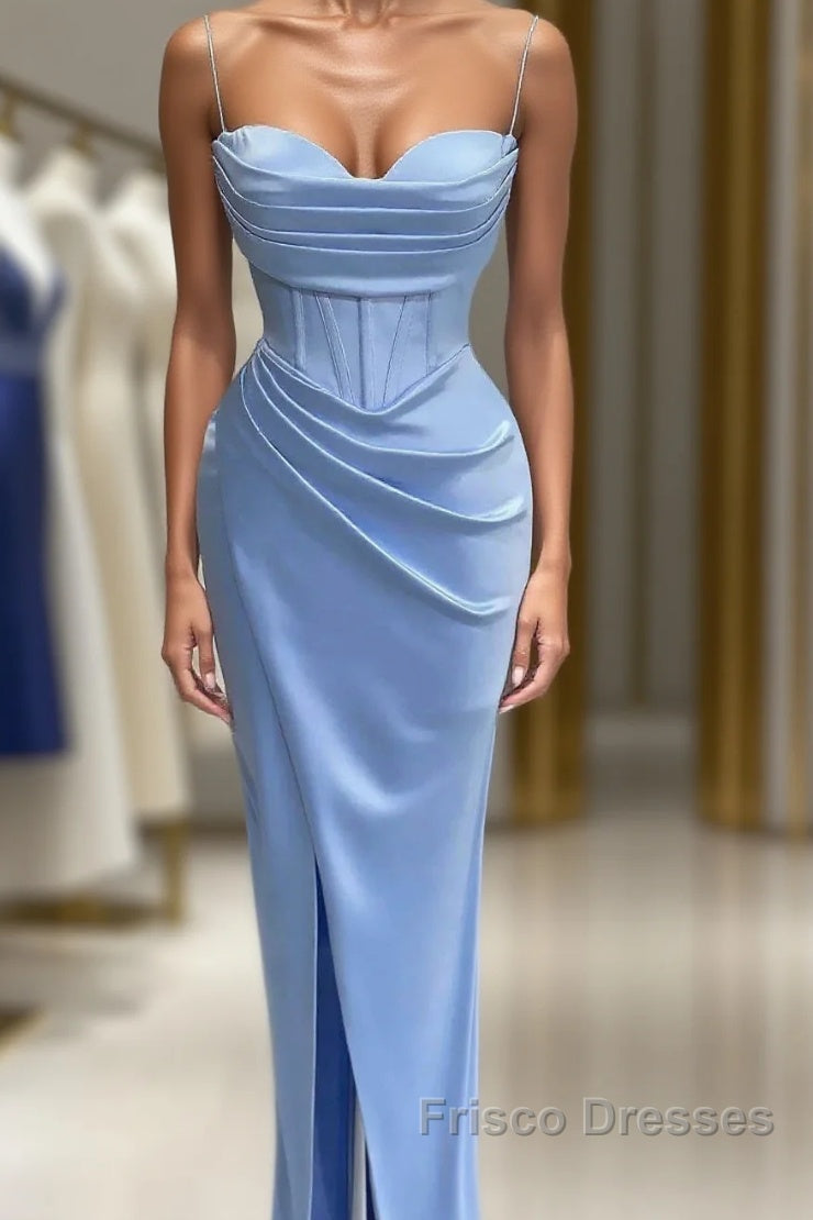 Sheath Spaghetti Straps Satin Pleated Light Blue Long Formal Dress Bridesmaid Dress Evening Gown Formal Prom Dress With Slit