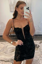 Sheath Spaghetti Straps Sequined Lace Homecoming Dress