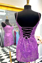 Sheath Spaghetti Straps Sequined Lace Homecoming Dress
