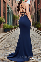 Sheath Square Neckline Sweep Train Navy Blue Plus Size Formal Prom Dress With Pleated Split Formal Evening Dress