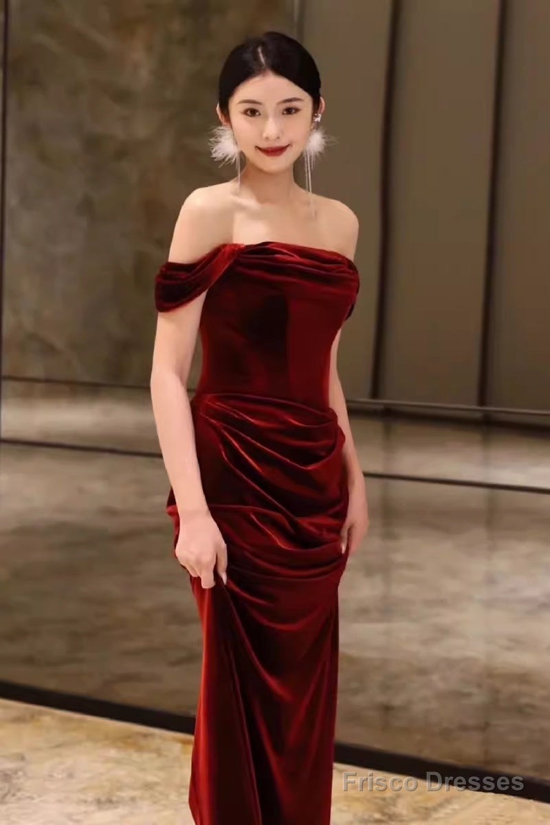 Sheath Strapless Red Velvet Prom Dresses Evening Dress