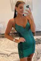 Sheath V-Neck Beaded Satin Homecoming Dress with Appliques