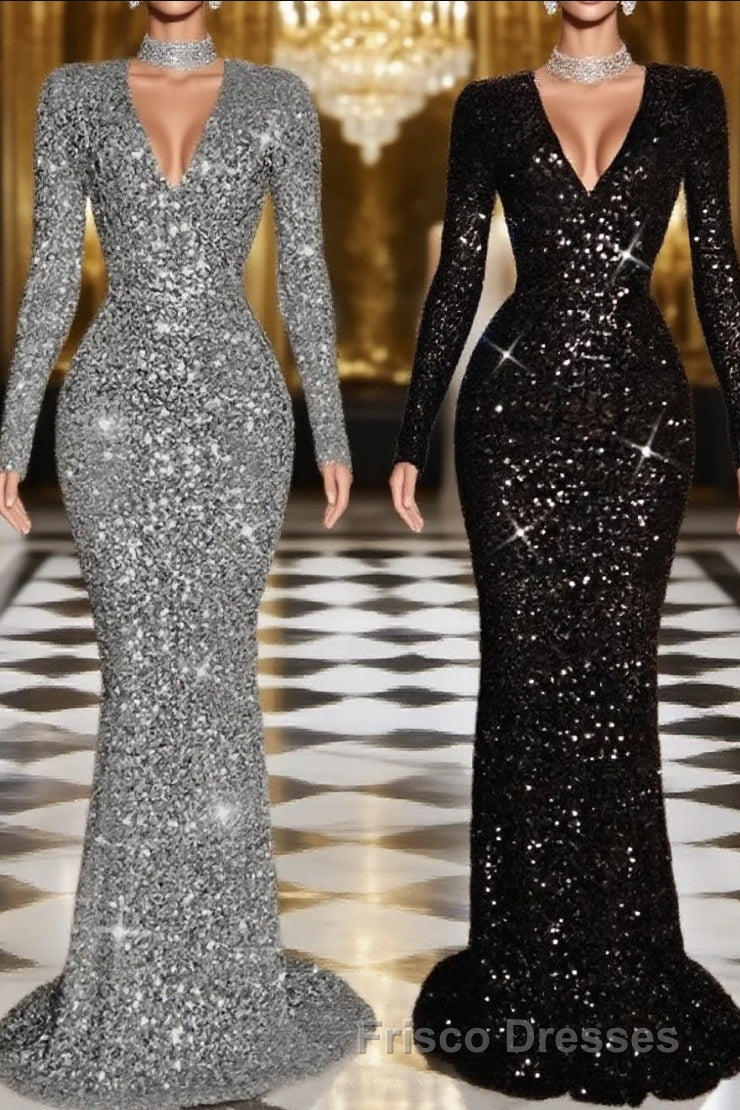 Sheath V-neck Long Sleeves Ruffles Sweep Train Velvet Sequins Dress Main image