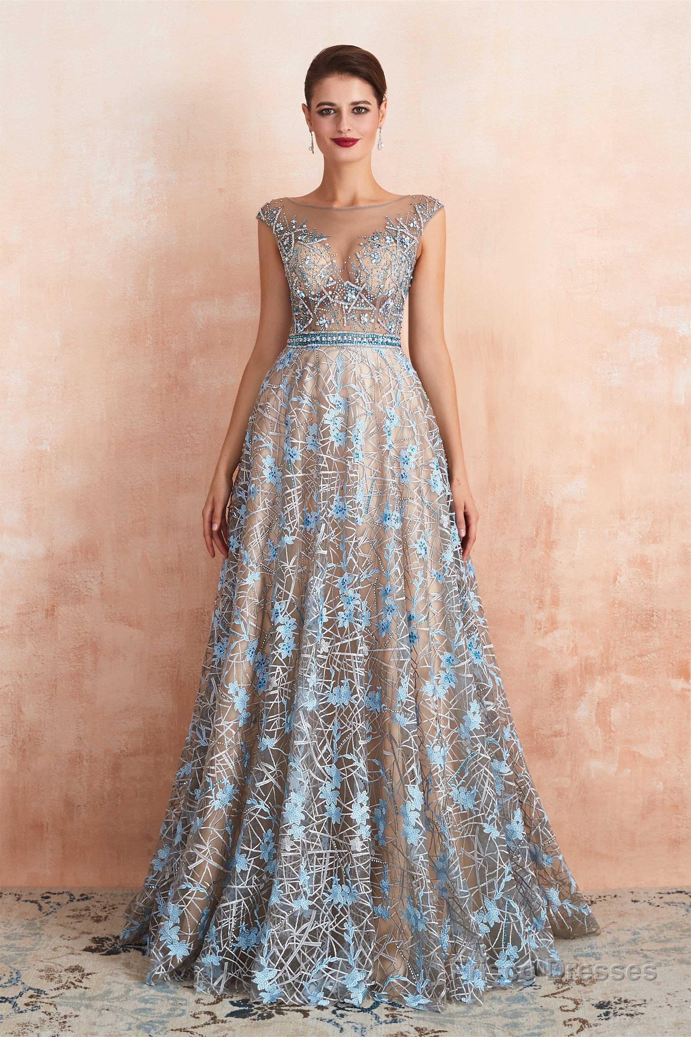 Sheer A-Line Lace Sequin Jewel Long Prom Dresses with Crystals Main image