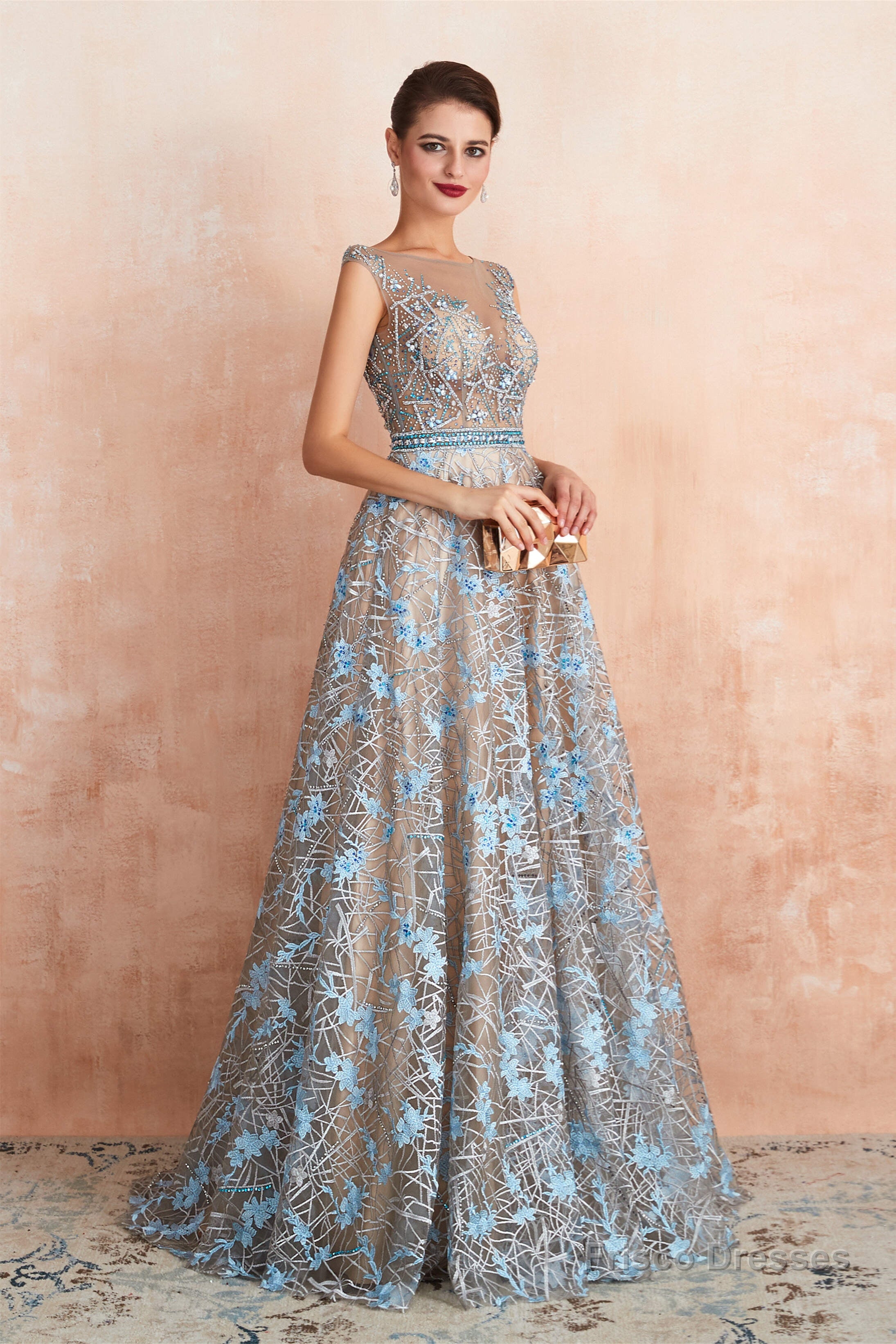 Sheer A-Line Lace Sequin Jewel Long Prom Dresses with Crystals Secondary image