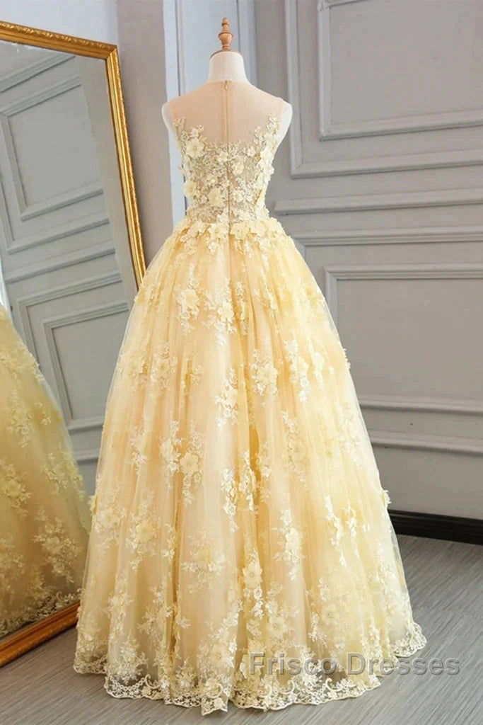 Sheer Appliques Lace A Line Yellow Formal Prom Dress Secondary image
