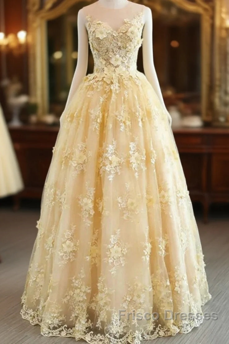 Sheer Appliques Lace A Line Yellow Formal Prom Dress