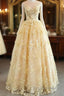 Sheer Appliques Lace A Line Yellow Formal Prom Dress