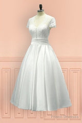 Sheer Back Satin Buttons Tea Length Cap Sleeves Wedding Dress