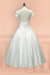 Sheer Back Satin Buttons Tea Length Cap Sleeves Wedding Dress
