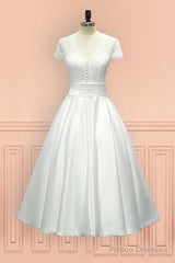 Sheer Back Satin Buttons Tea Length Cap Sleeves Wedding Dress