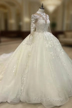 Sheer Lace Sleeve Wedding Ball Gown Dress