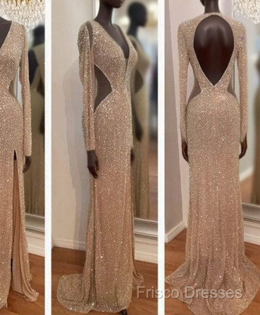 Sheer Sexy Sequins Long Sleeves Formal Prom Dress Main image