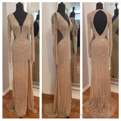 Sheer Sexy Sequins Long Sleeves Prom Dresses