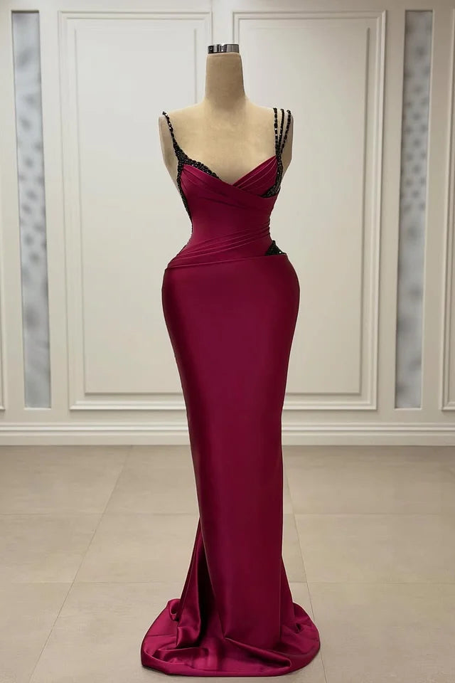 Shining Dark Red Spaghetti-Straps V-Neck Satin Prom Dress Sleeveless Mermaid With Beads Main image