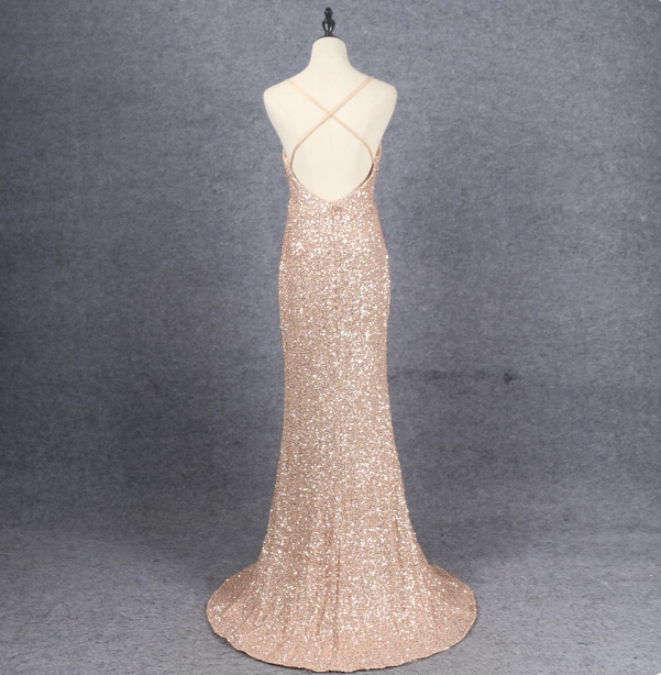 Shining Rose Gold Mermaid Spaghetti Strap V-Neck Slit Sequin Long Prom Dress Evening Dress