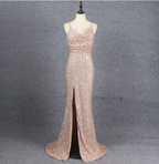 Shining Rose Gold Mermaid Spaghetti Strap V-Neck Slit Sequin Long Prom Dress Evening Dress