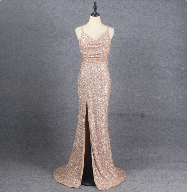 Shining Rose Gold Mermaid Spaghetti Strap V-Neck Slit Sequin Long Prom Dress Evening Dress