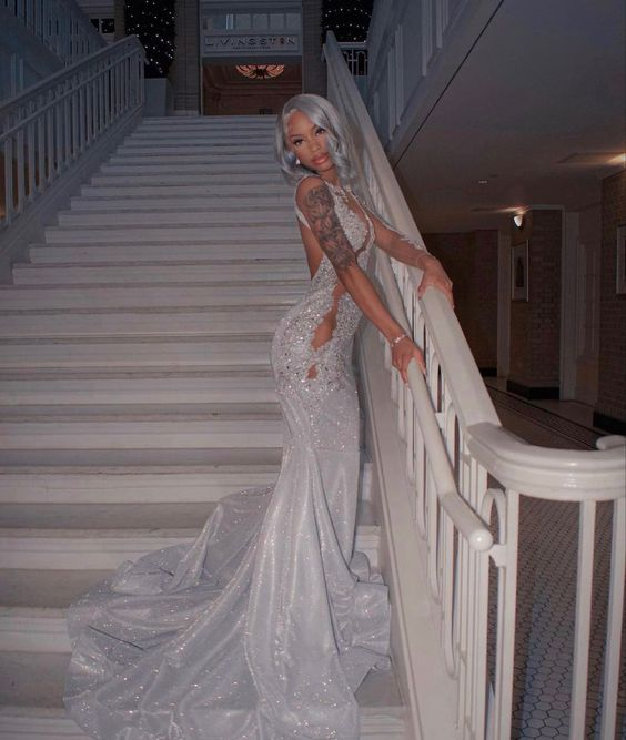 Shining Silver Mermaid Long Sleeves Prom Dress Secondary image