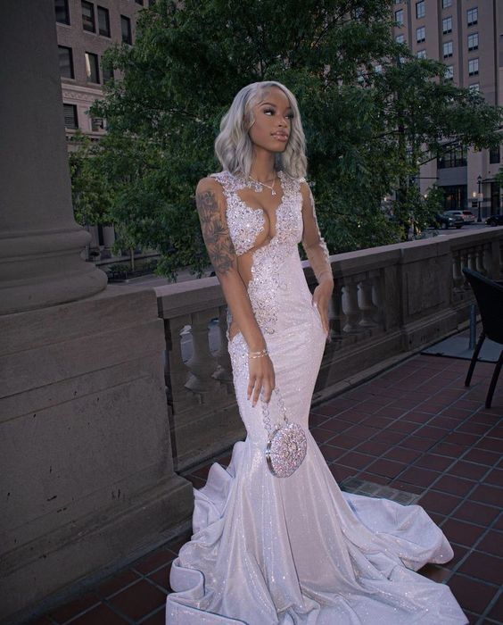 Shining Silver Mermaid Long Sleeves Prom Dress Main image