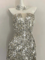 Shining Silver-White Slim-Fit Tube Top Sequined Tassel Long Prom Dress Evening Dress