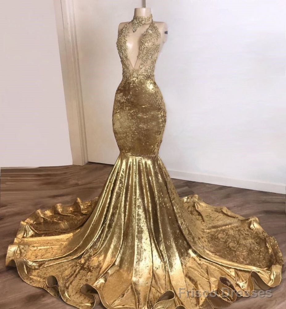 Shinning Champagne Gold Deep V-Neck Court Train Mermaid Prom Dresses