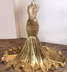Shinning Champagne Gold Deep V-Neck Court Train Mermaid Prom Dresses