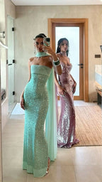 Shinning Mermaid Strapless Green Sequin Prom Dresses Party Dress 18Th Birthday Outfits Graduation Dress