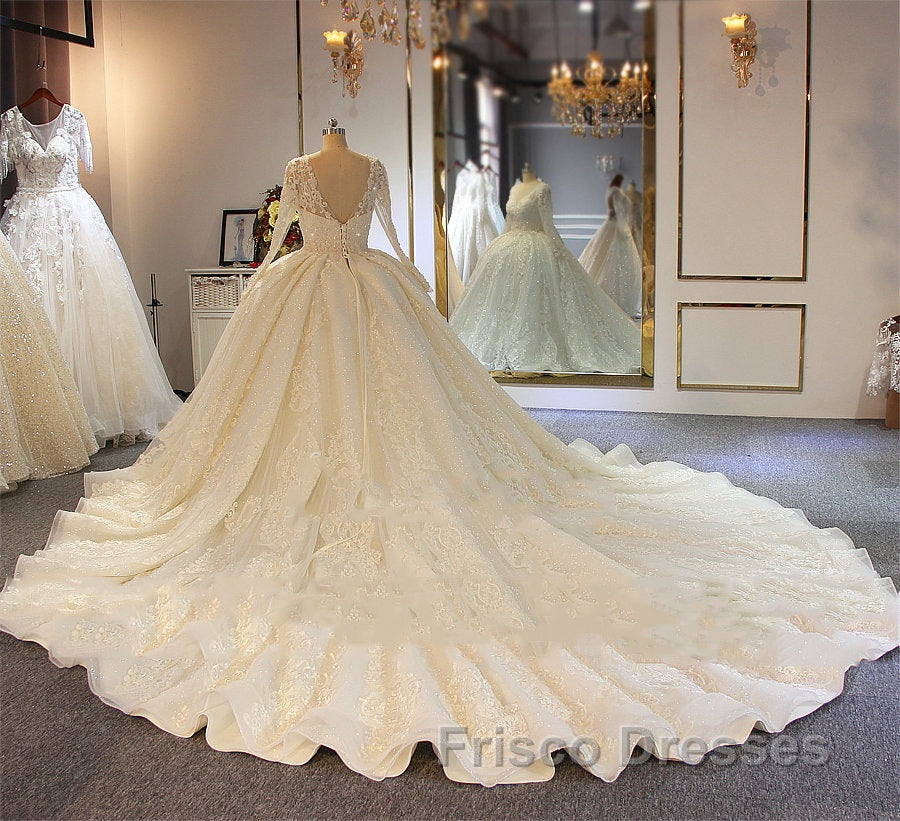 Shinny Long A-line Full Beading Lace-Up Wedding Dress with Sleeves