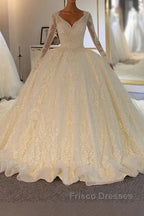 Shinny Long A-line Full Beading Lace-Up Wedding Dress with Sleeves