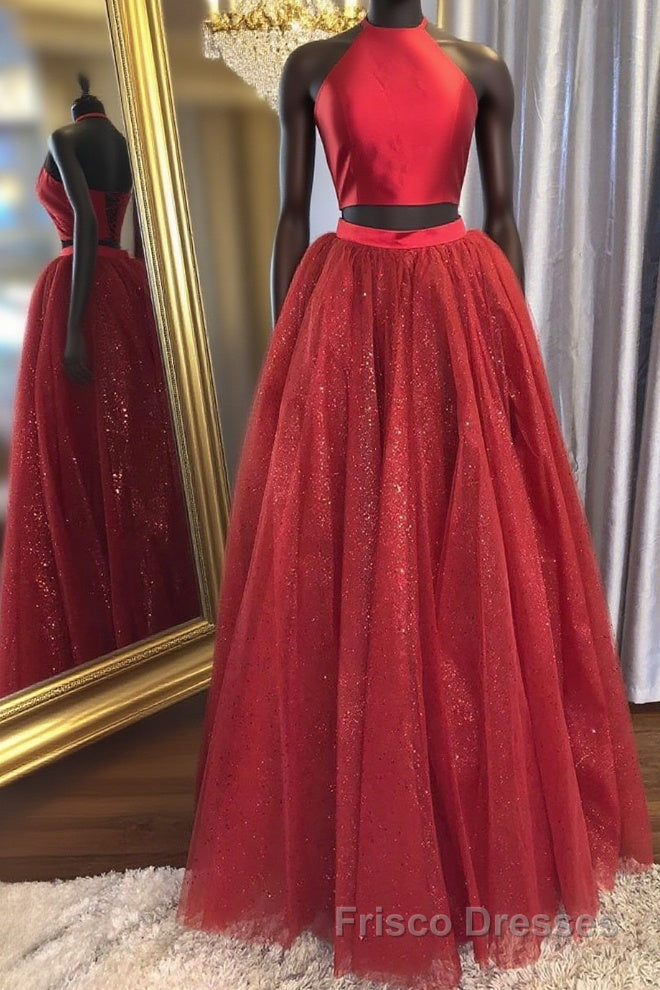 Shiny 2 Pieces Halter Neck Red Long Formal Prom Dresses, Two Pieces Red Formal Graduation Evening Dresses Main image