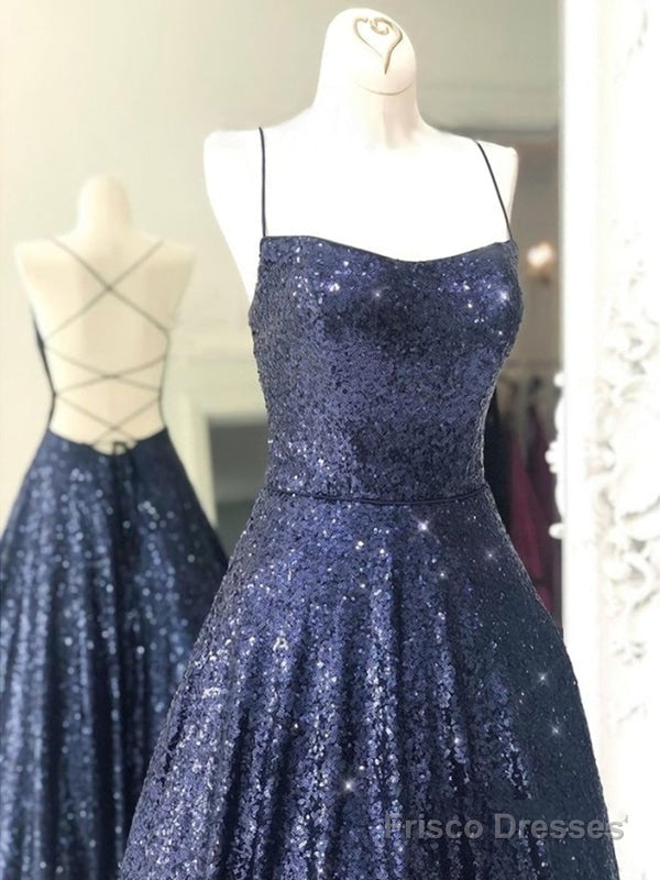 Shiny A Line Open Back Navy Blue Long Formal Evening Dress Secondary image