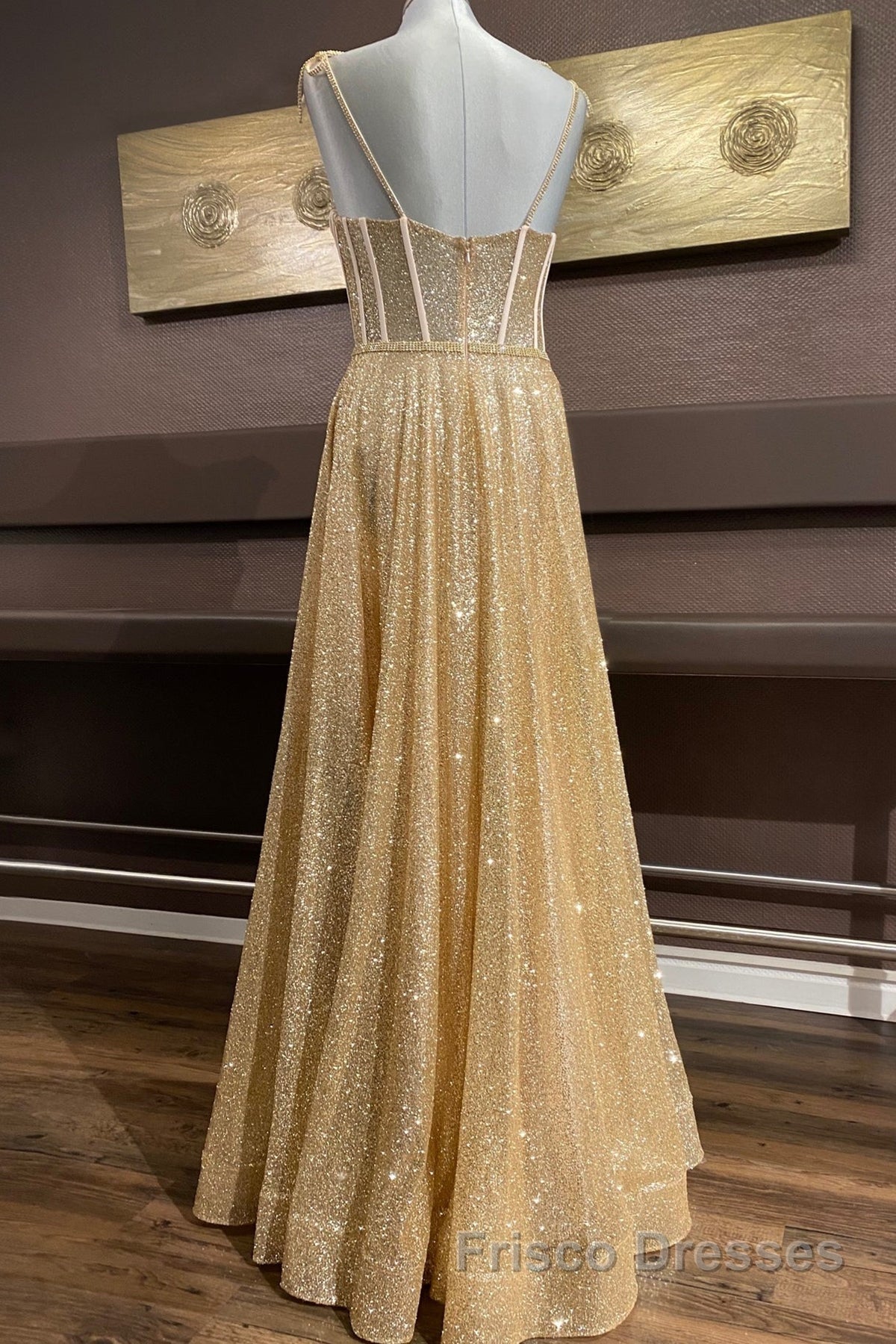 Shiny A Line Spaghetti Straps Gold Formal Prom Dresses Long, Sweetheart Neck Golden Formal Dresses, Gold Tulle Evening Dresses WT1856 Secondary image