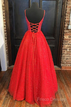 Shiny A Line V Neck Black Red Long Formal Prom Dress, V Neck Backless Long Formal Dress