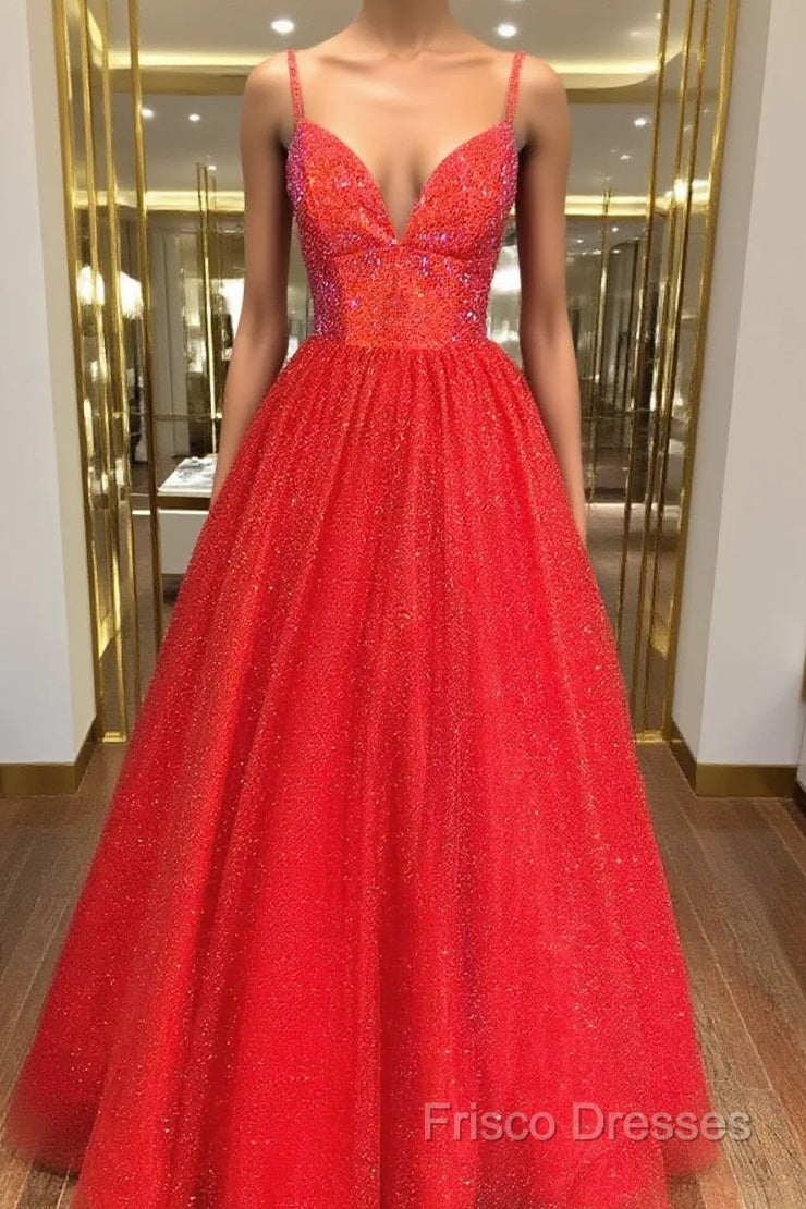 Shiny A Line V Neck Black Red Long Formal Prom Dress, V Neck Backless Long Formal Dress Main image