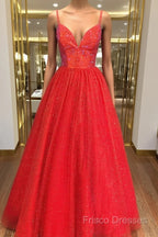 Shiny A Line V Neck Black Red Long Formal Prom Dress, V Neck Backless Long Formal Dress